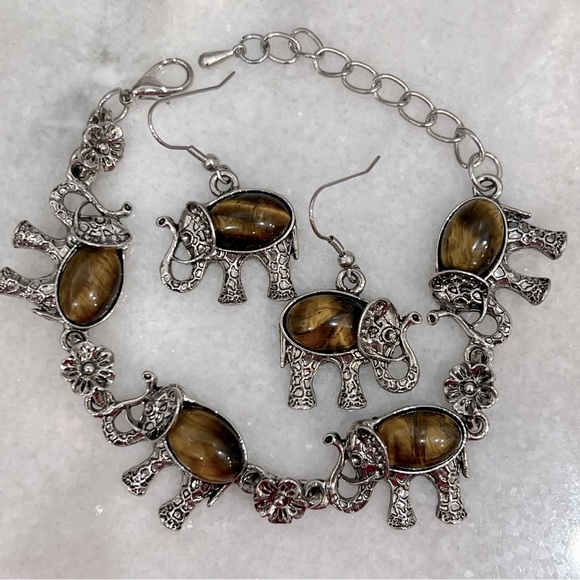 Jewelry - South African Tiger’s Eye Silver Elephant Dangle Earrings and Bracelet S…